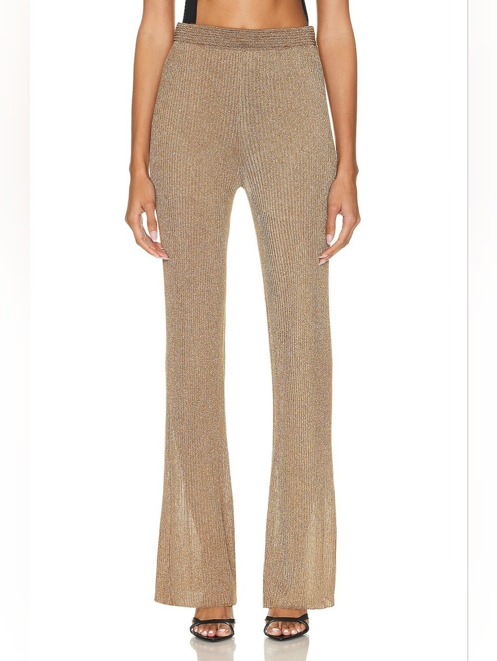 Simhai Metallic Ribbed Knit Straight Leg Pants in Gold, Small
